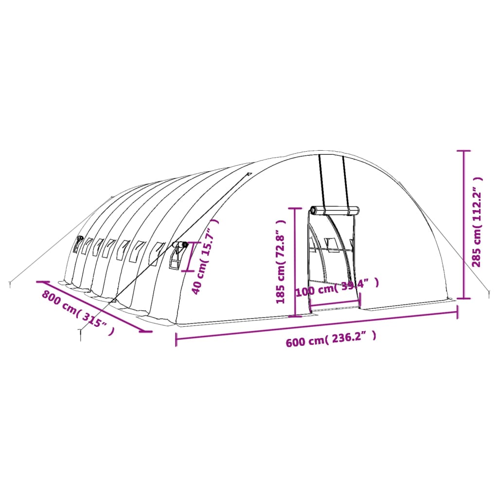 vidaXL Šiltnamis su plieno rėmu, žalios spalvos, 8x6x2,85m, 48m²