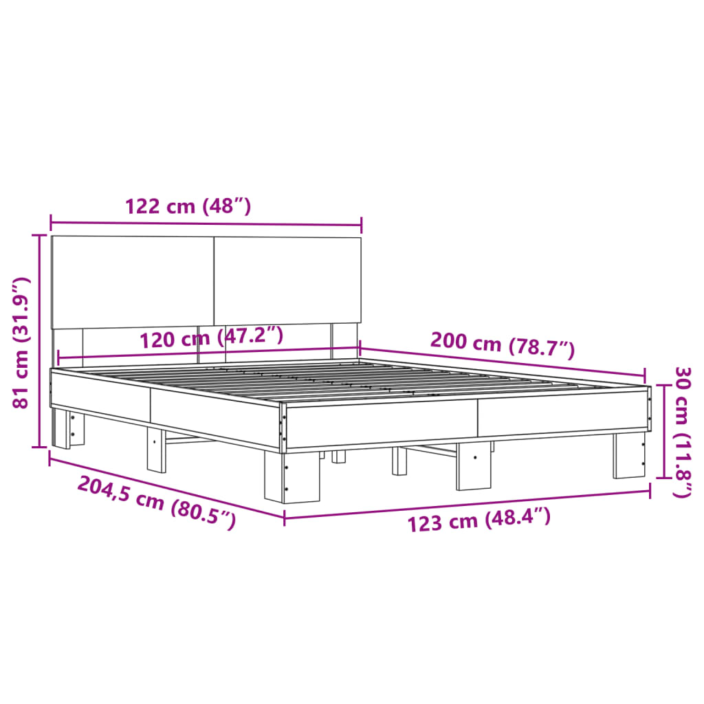 vidaXL Lovos rėmas, rudas ąžuolo, 120x200cm, apdirbta mediena/metalas