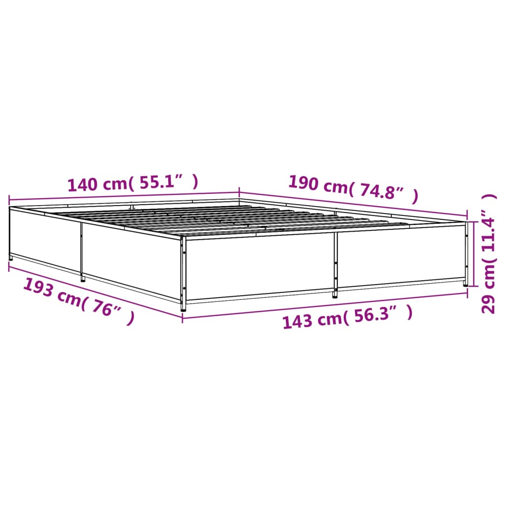 vidaXL Lovos rėmas, dūminio ąžuolo, 140x190cm, mediena ir metalas