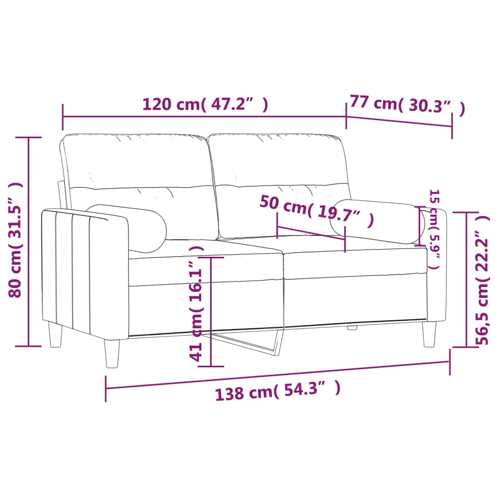 vidaXL Dvivietė sofa su pagalvėlėmis, kreminės spalvos, 120cm, audinys