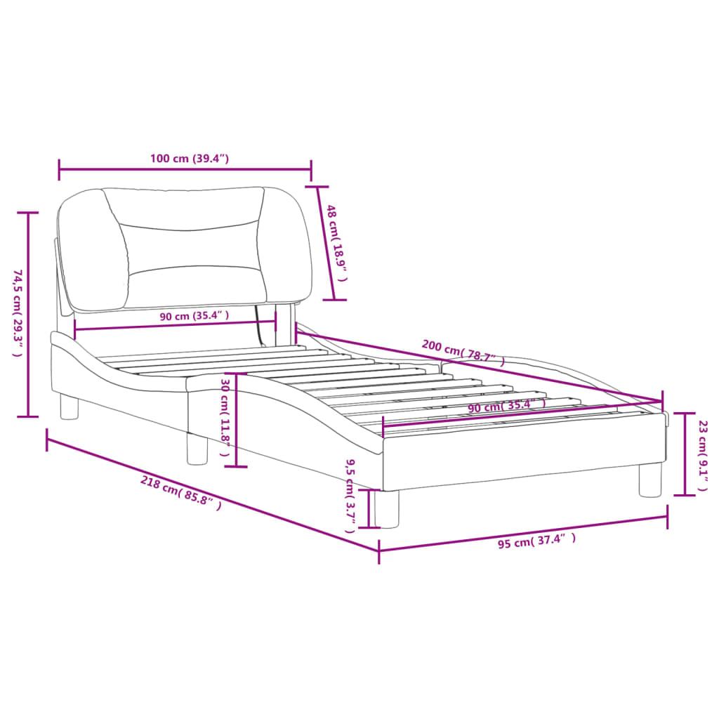 vidaXL Lovos rėmas su LED, kreminės spalvos, 90x200cm, audinys