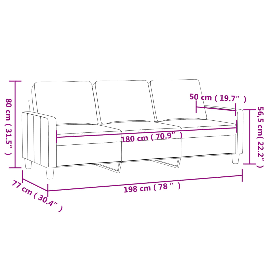 vidaXL Trivietė sofa, šviesiai pilkos spalvos, 180cm, audinys