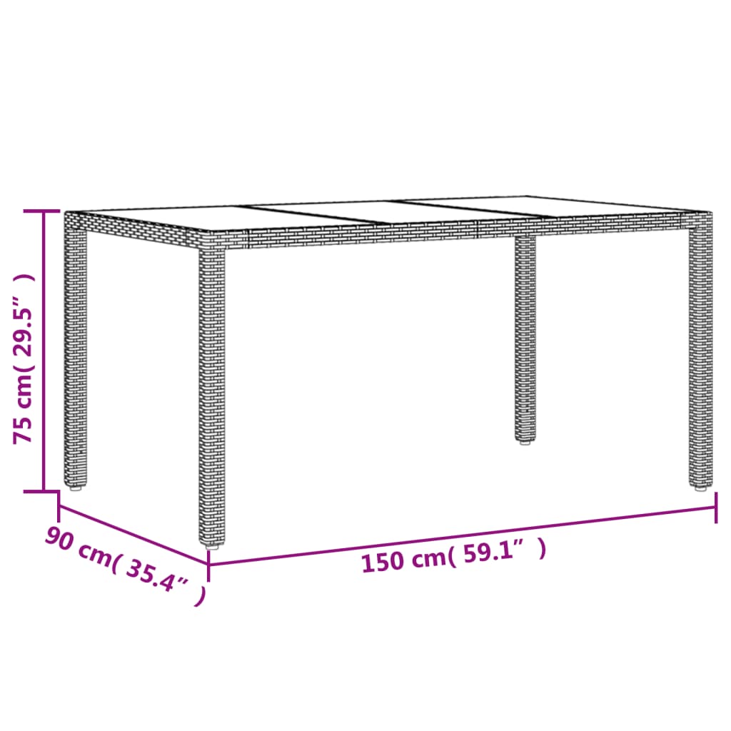 vidaXL Stalas su stikliniu stalviršiu, pilkas, 150x90x75cm, ratanas