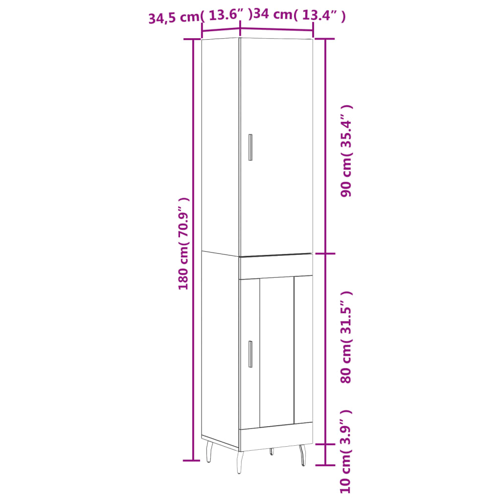 vidaXL Komoda, baltos spalvos, 34,5x34x180cm, apdirbta mediena