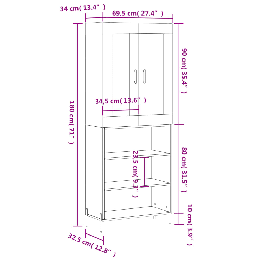 vidaXL Komoda, baltos spalvos, 69,5x34x180cm, apdirbta mediena, blizgi