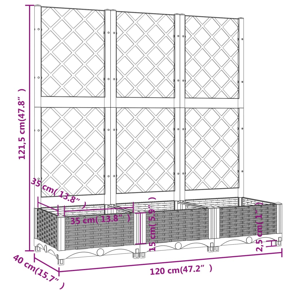 vidaXL Sodo lovelis su treliažu, baltos spalvos, 120x40x121,5cm, PP