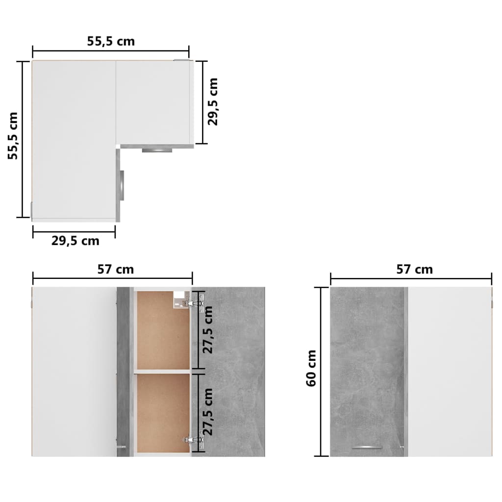 vidaXL Pakabinama kampinė spintelė, betono pilka, 57x57x60cm, mediena