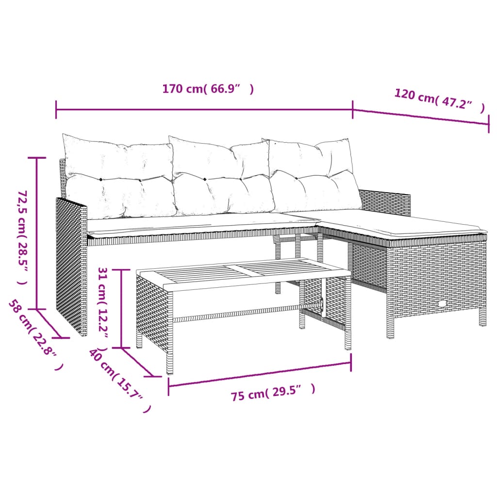 vidaXL Sodo sofa su stalu/pagalvėlėmis, pilka, poliratanas, L formos