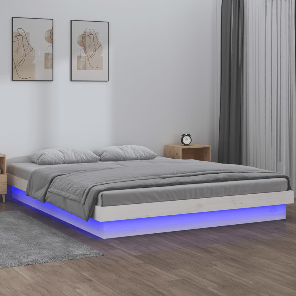 vidaXL Lovos rėmas su LED, baltas, 135x190cm, mediena, dvivietis