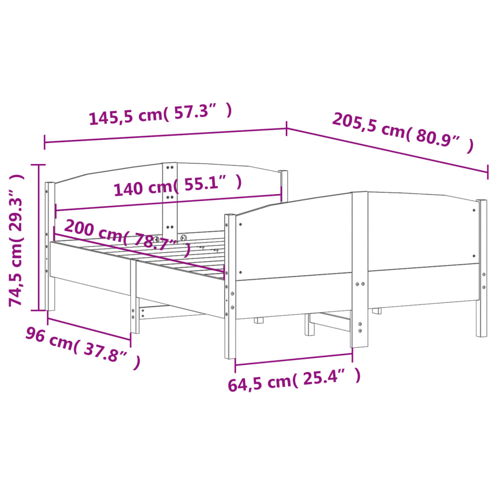 vidaXL Lovos rėmas be čiužinio, 140x200cm, pušies medienos masyvas