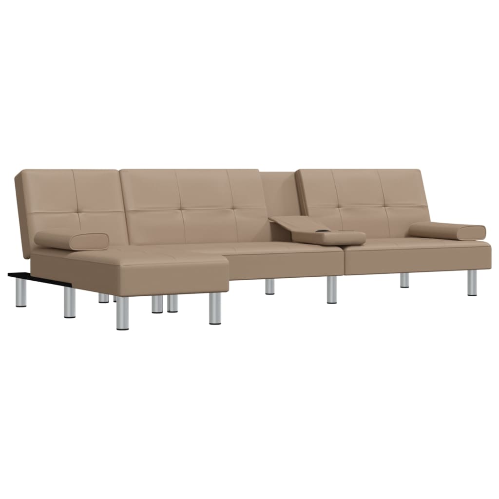 vidaXL L formos sofa-lova, kapučino, 255x140x70cm, dirbtinė oda