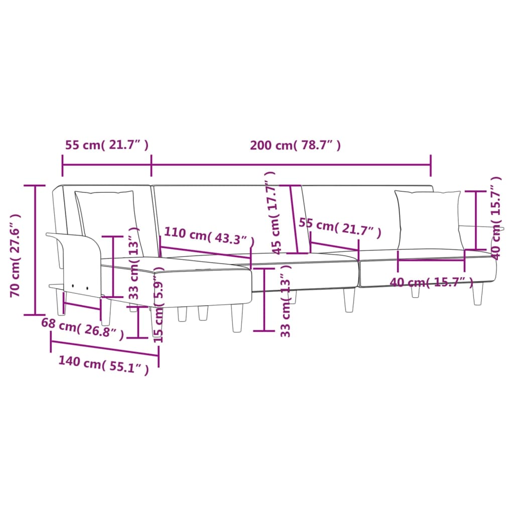 vidaXL L formos sofa-lova, tamsiai pilka, 279x140x70cm, audinys