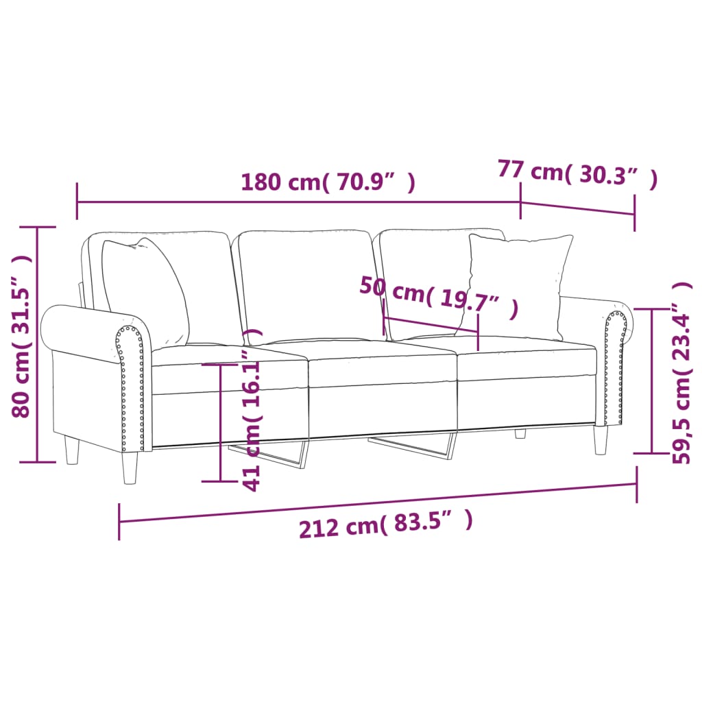 vidaXL Trivietė sofa su pagalvėlėmis, juodos spalvos, 180cm, aksomas