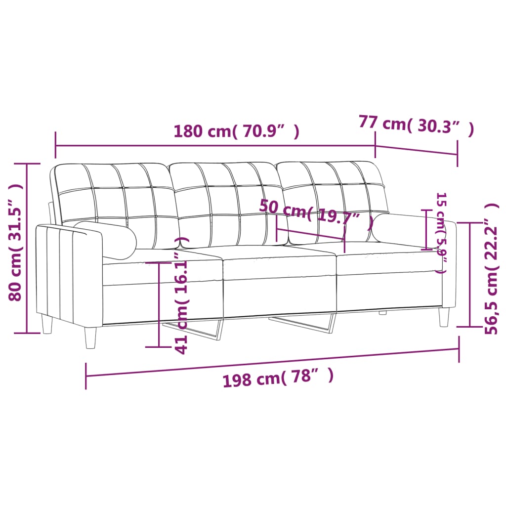 vidaXL Trivietė sofa su pagalvėlėmis, rudos spalvos, 180cm, audinys