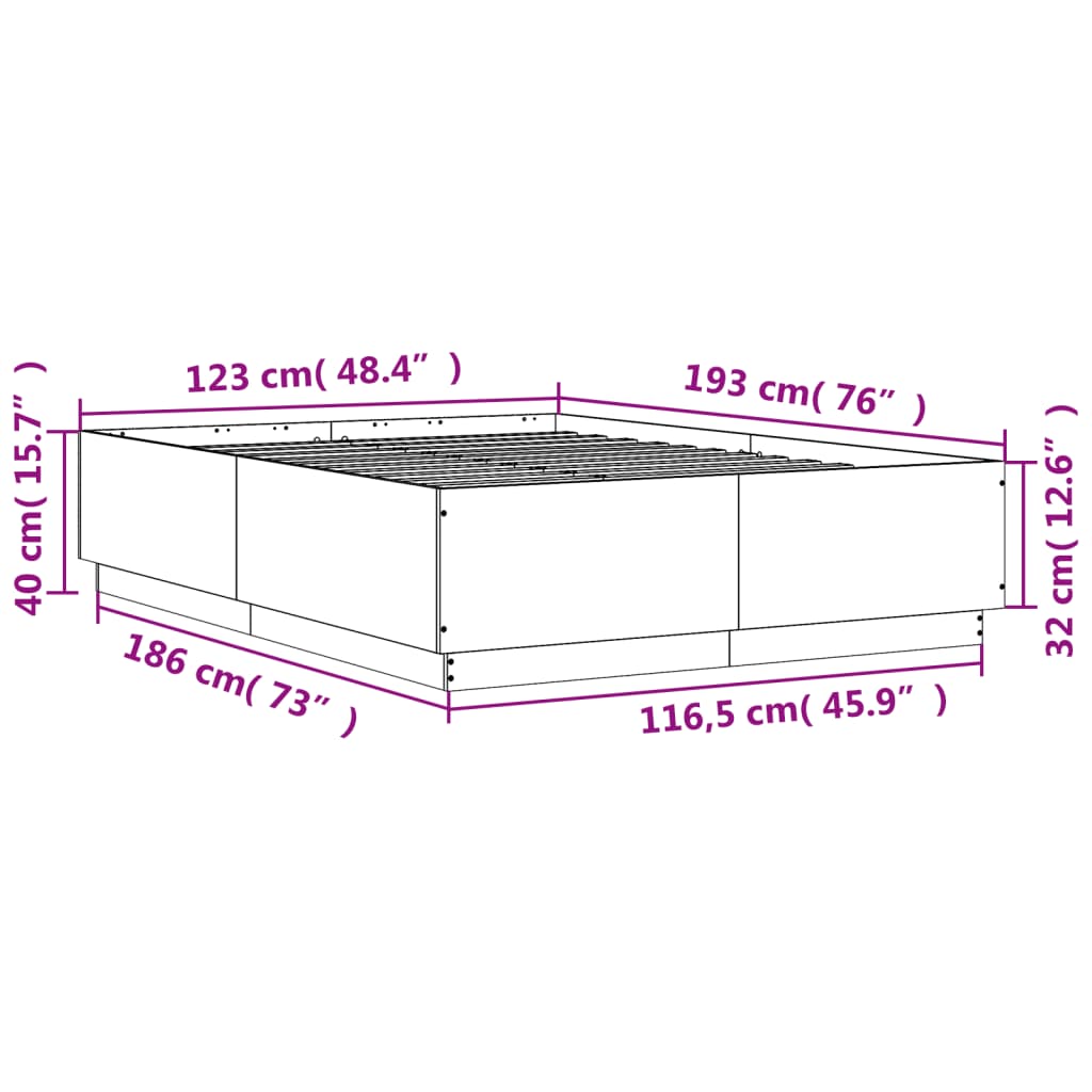 vidaXL Lovos rėmas su LED, pilkas ąžuolo, 120x190cm, apdirbta mediena