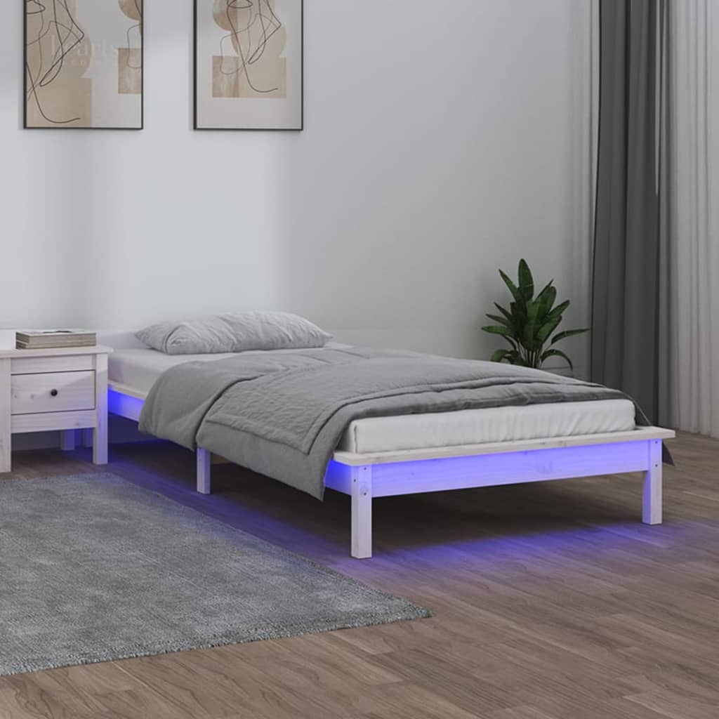 vidaXL Lovos rėmas su LED, baltas, 90x190cm, mediena, vienvietis