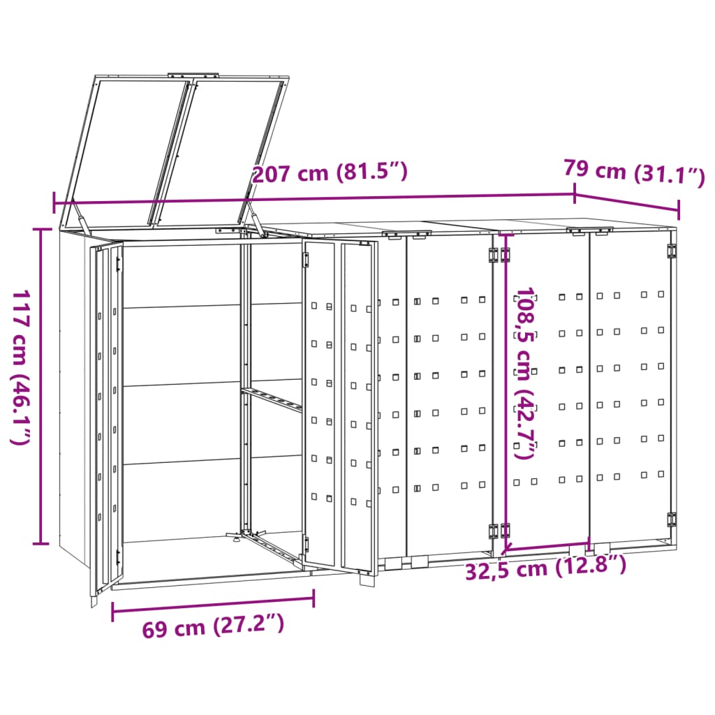 vidaXL Stoginė trim konteineriams, pilka, 207x79x117cm, plienas