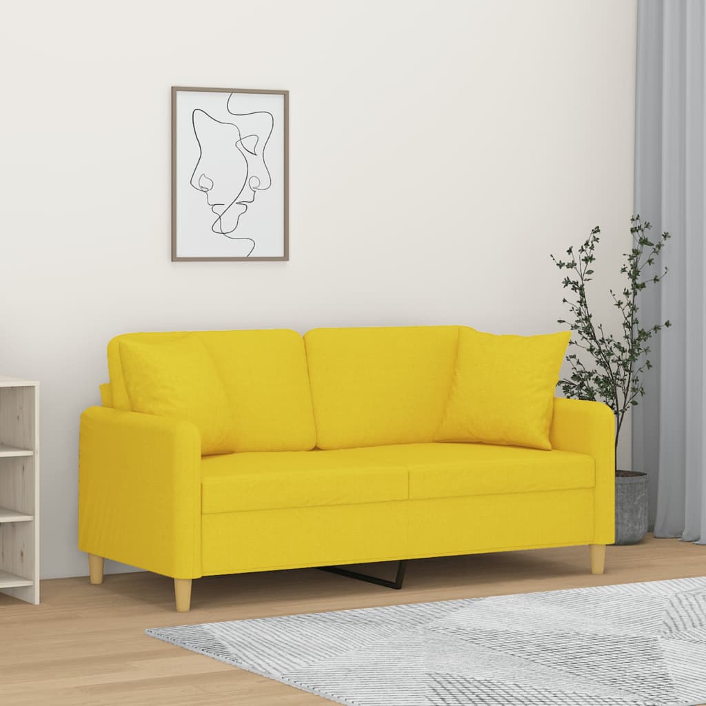 vidaXL Dvivietė sofa su pagalvėlėmis, šviesiai geltona, 140cm, audinys