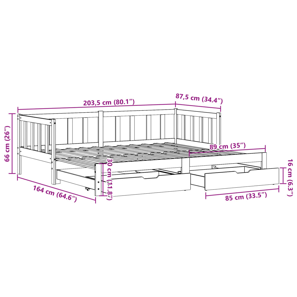 vidaXL Lova su ištraukiama dalimi ir stalčiais, balta, 80x200cm, pušis