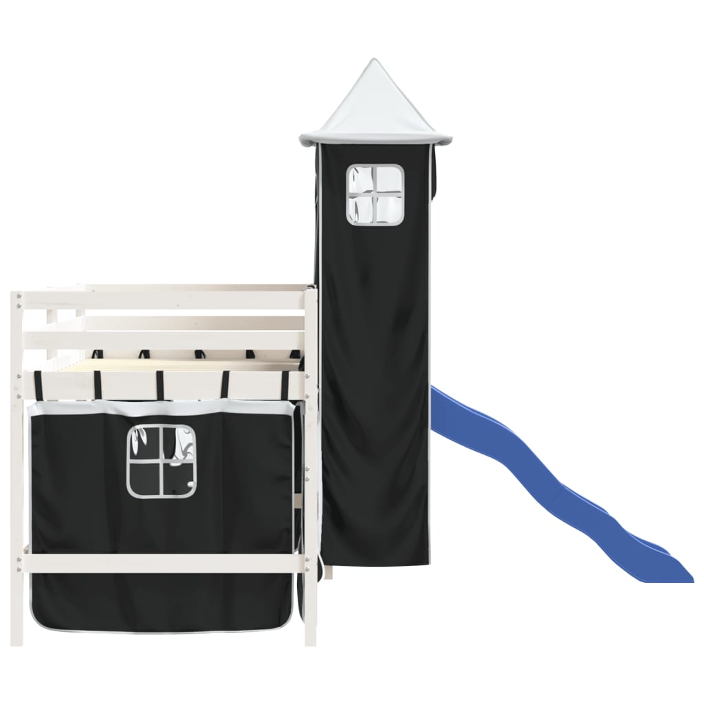 vidaXL Aukšta vaikiška lova su bokštu, balta/juoda, 90x190cm, pušis