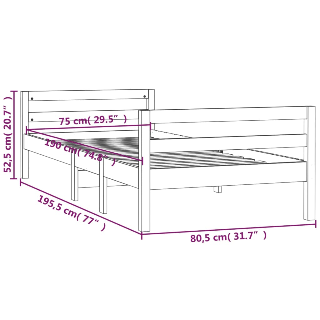 vidaXL Lovos rėmas su be čiužinio, 75x190cm, pušies masyvas