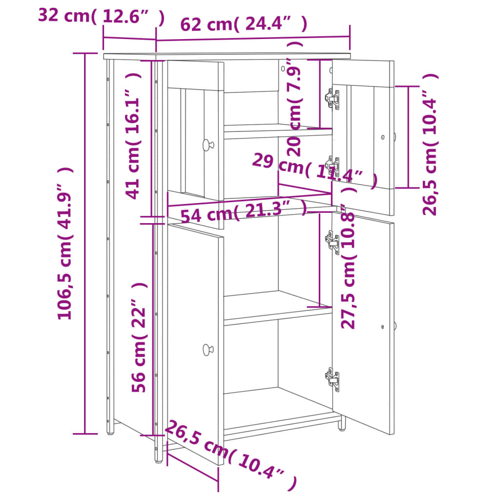 vidaXL Komoda, juodos spalvos, 62x32x106,5cm, apdirbta mediena