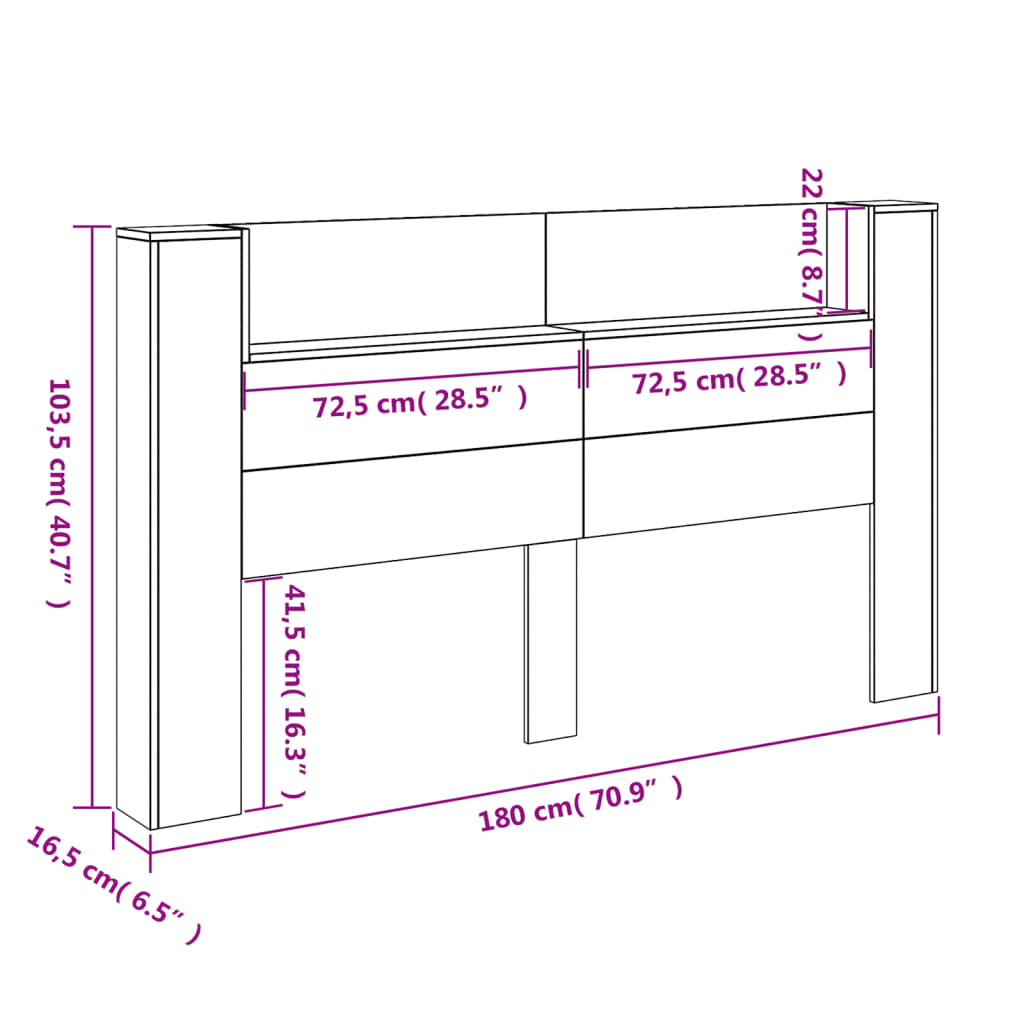 vidaXL Galvūgalis-spintelė su LED, rudas ąžuolo, 180x16,5x103,5cm