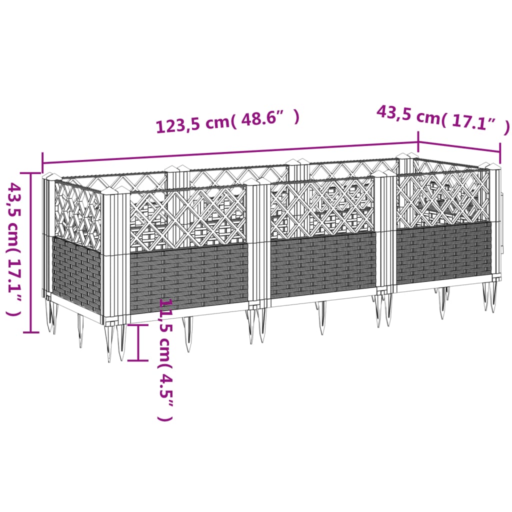 vidaXL Sodo lovelis su kuoliukais, pilkas, 123,5x43,5x43,5cm, PP