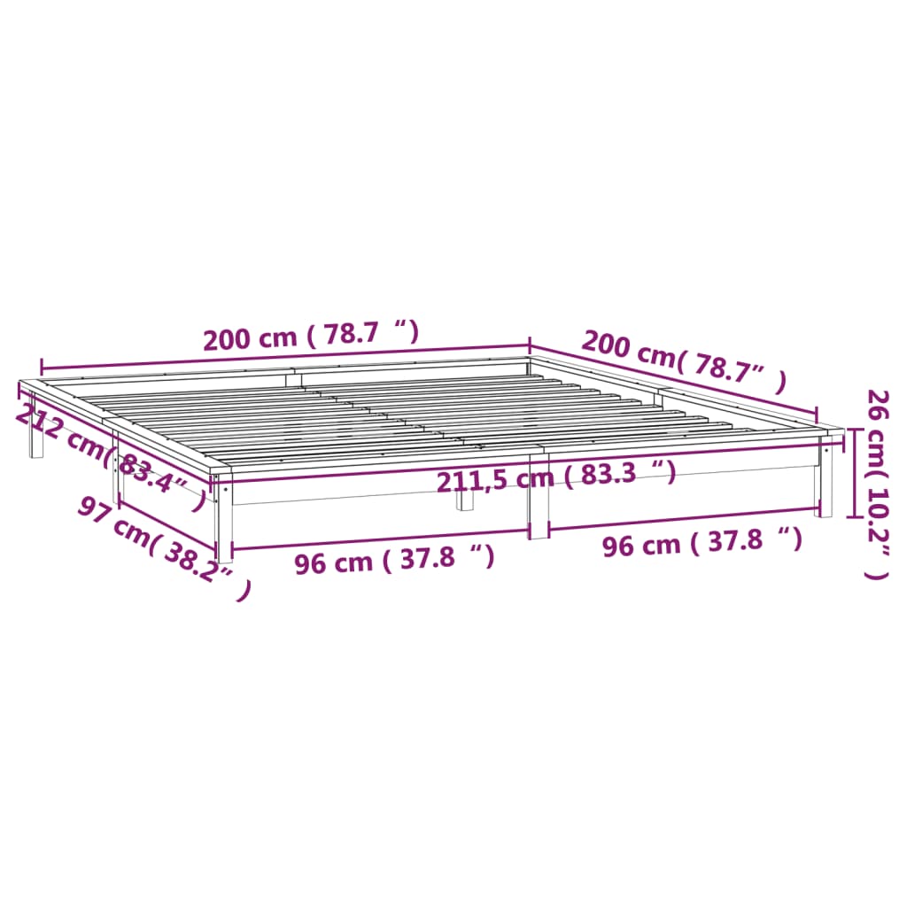 vidaXL Lovos rėmas su LED, medaus rudas, 200x200cm, medienos masyvas