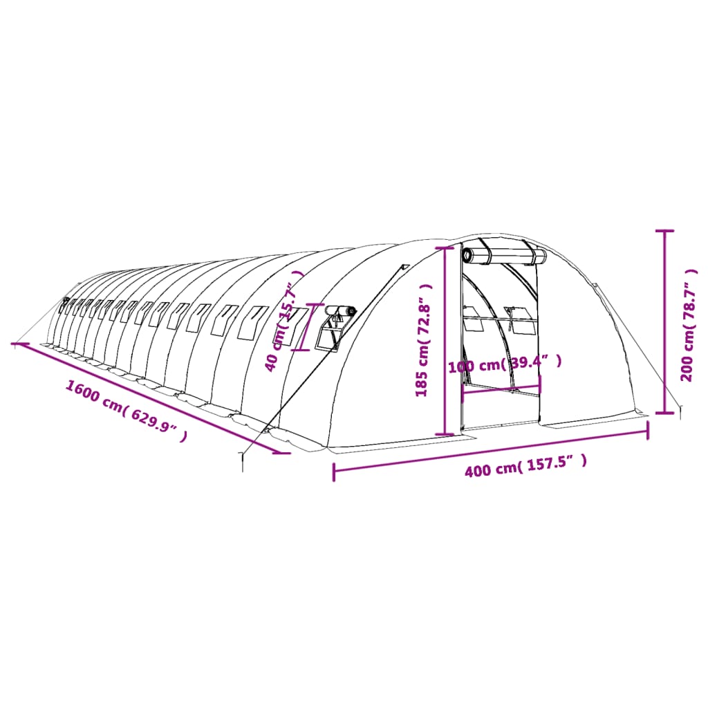 vidaXL Šiltnamis su plieno rėmu, baltos spalvos, 16x4x2m, 64m²