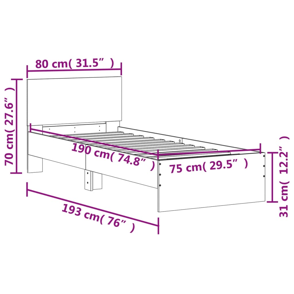 vidaXL Lovos rėmas su galvūgaliu ir LED lemputėmis, rudas, 75x190cm