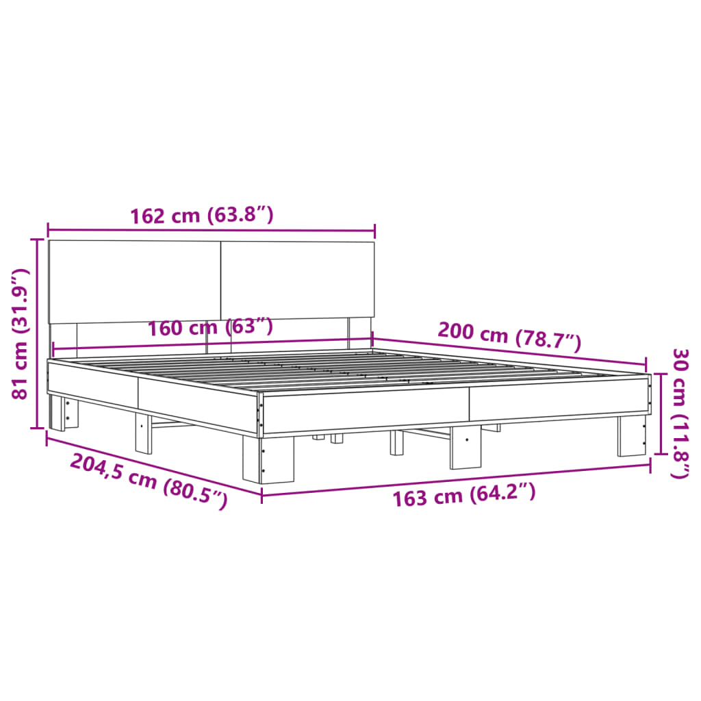 vidaXL Lovos rėmas, ąžuolo, 160x200cm, apdirbta mediena ir metalas