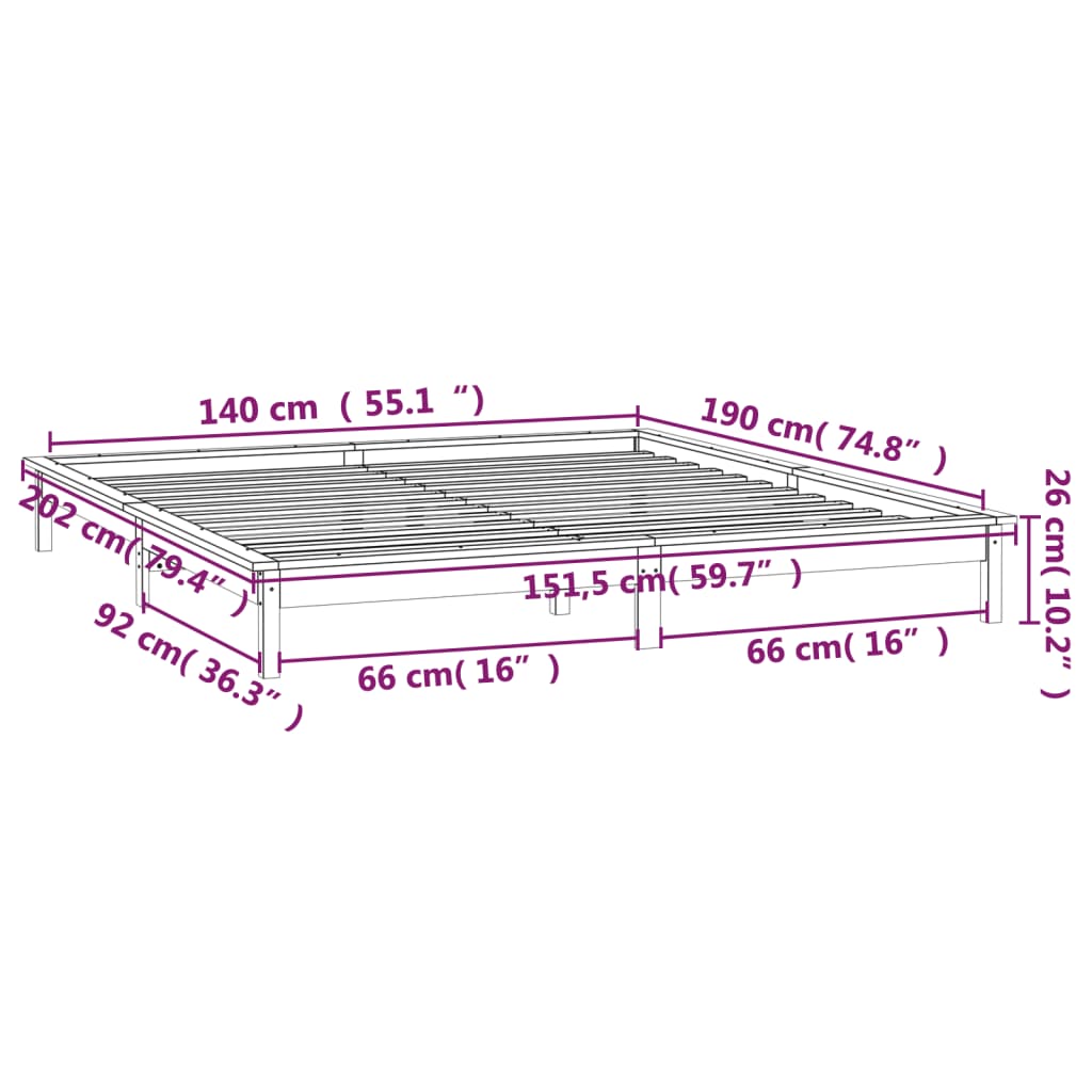 vidaXL Lovos rėmas su LED, baltos spalvos, 140x190cm, medienos masyvas