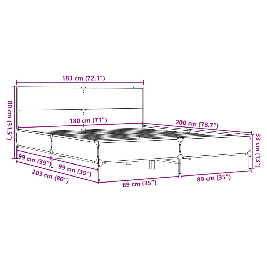 vidaXL Lovos rėmas, dūminio ąžuolo, 180x200cm, mediena ir metalas