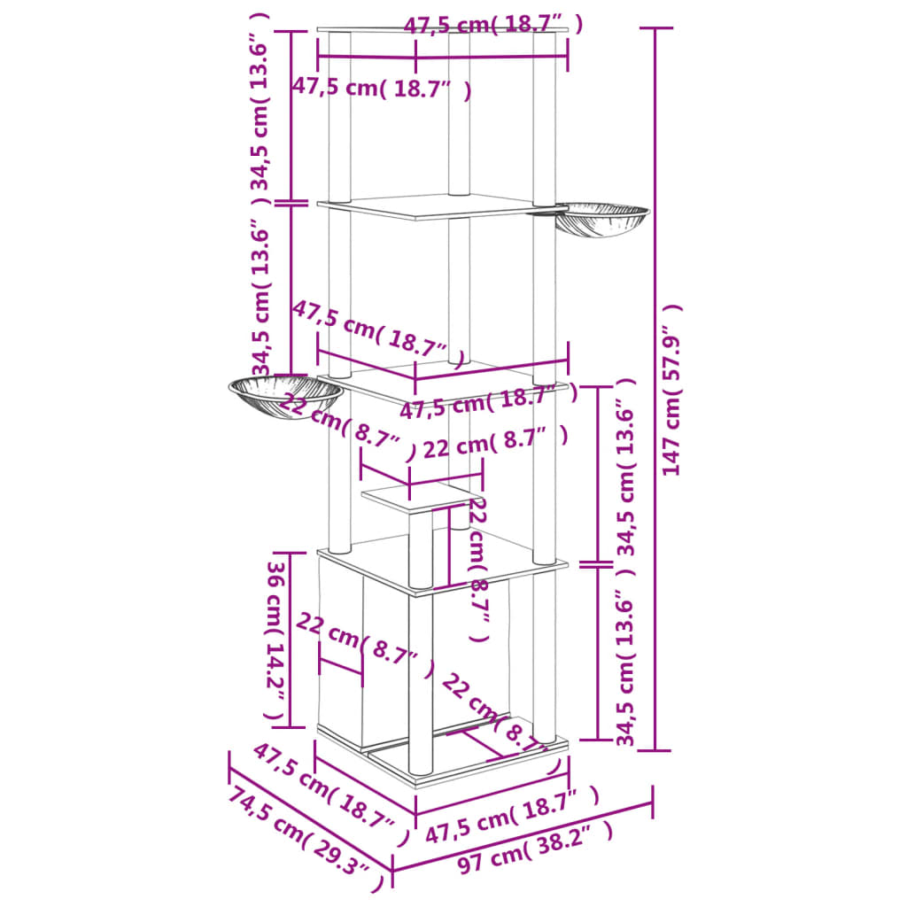 vidaXL Draskyklė katėms su stovais iš sizalio, šviesiai pilka, 147cm