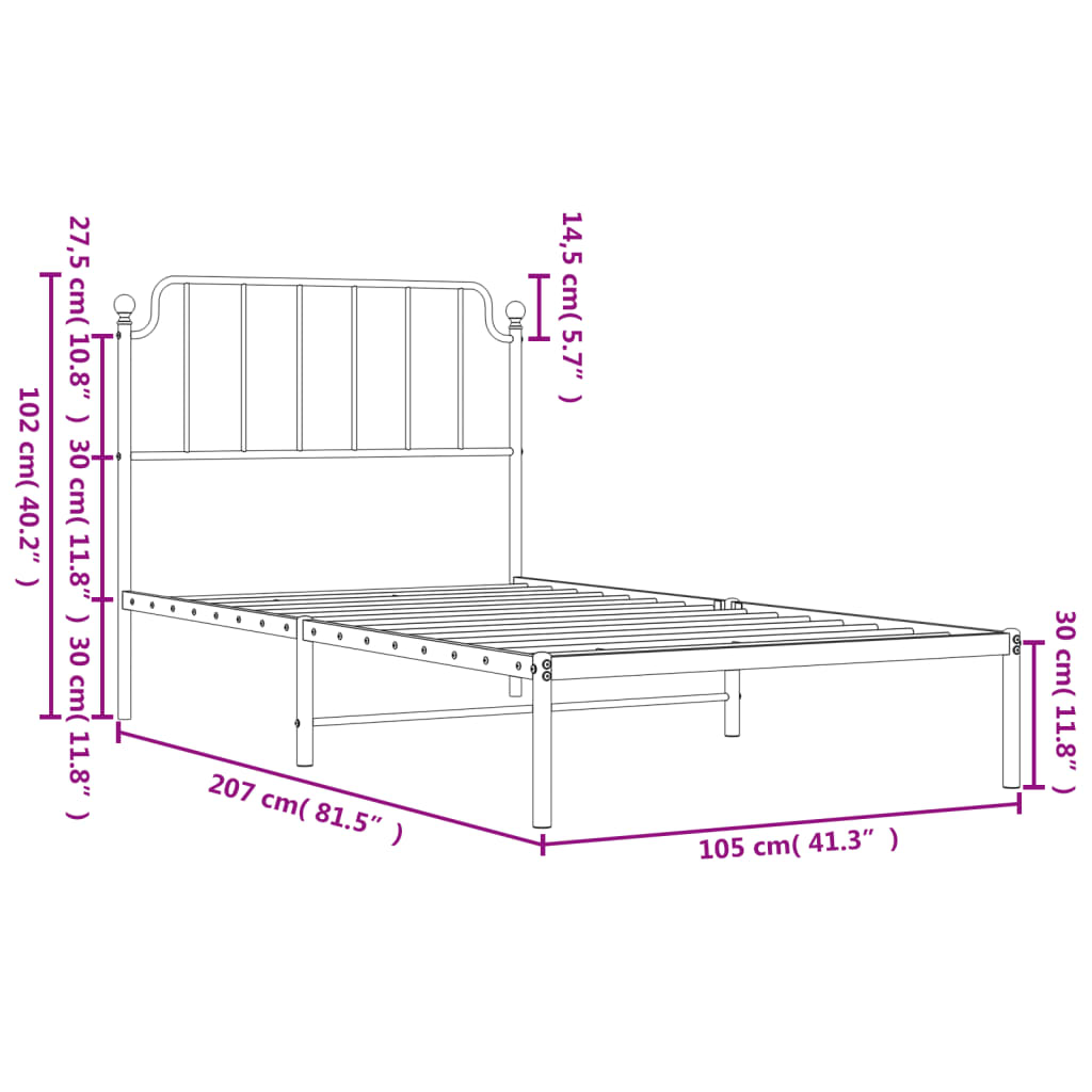 vidaXL Metalinis lovos rėmas su galvūgaliu, baltos spalvos, 100x200cm