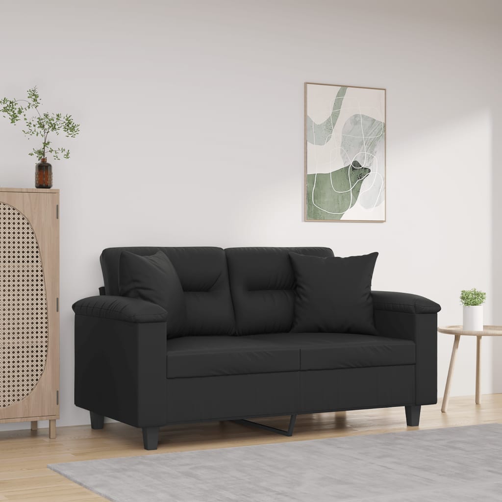 vidaXL Dvivietė sofa su pagalvėlėmis, juoda, 120cm, dirbtinė oda