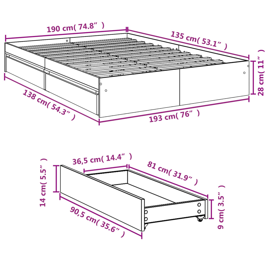 vidaXL Lovos rėmas su stalčiais, baltas, 135x190cm, apdirbta mediena
