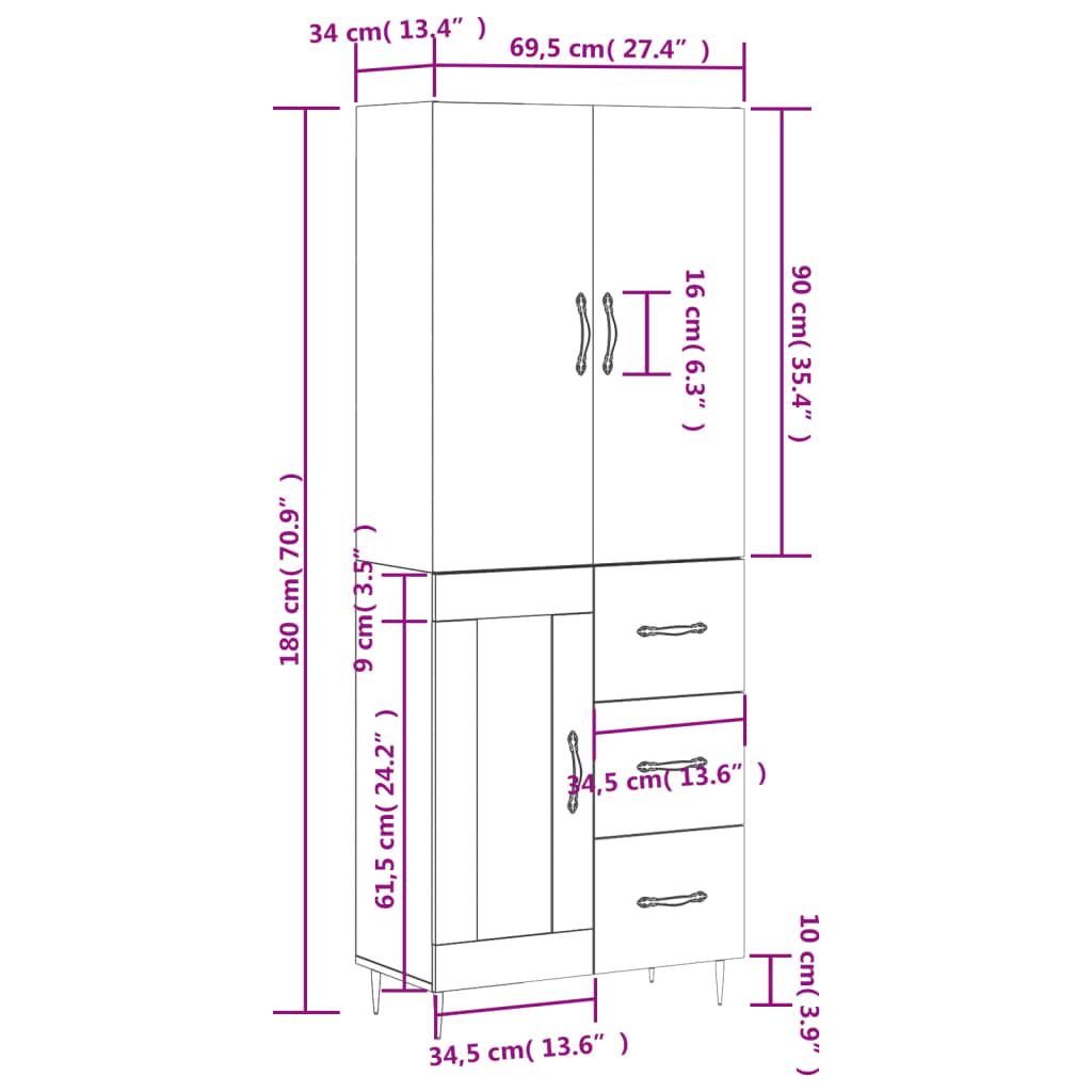 vidaXL Komoda, betono pilkos spalvos, 69,5x34x180cm, apdirbta mediena