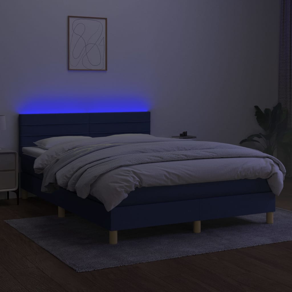 vidaXL Lova su spyruoklėmis/čiužiniu/LED, mėlyna, 140x190 cm, audinys