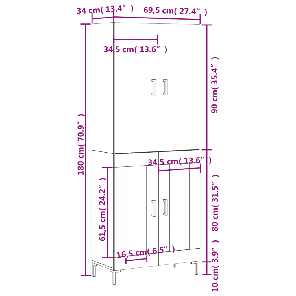 vidaXL Komoda, betono pilkos spalvos, 69,5x34x180cm, apdirbta mediena