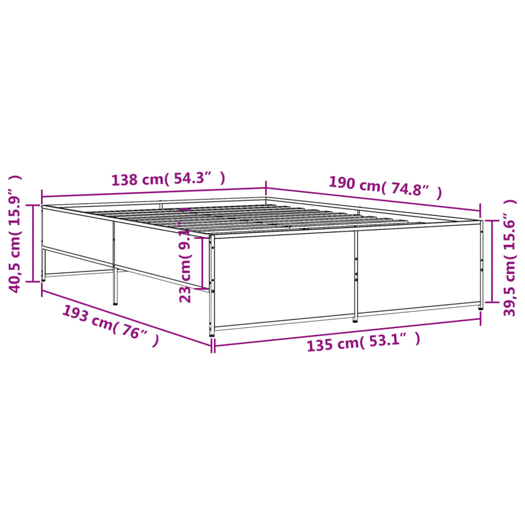 vidaXL Lovos rėmas, rudas ąžuolo, 135x190cm, apdirbta mediena/metalas