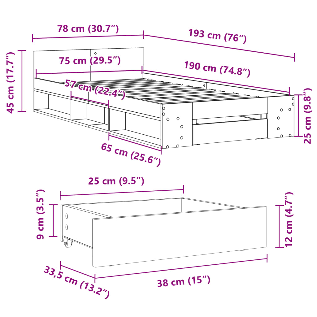 vidaXL Lovos rėmas su stalčiumi, betono, 75x190cm, apdirbta mediena