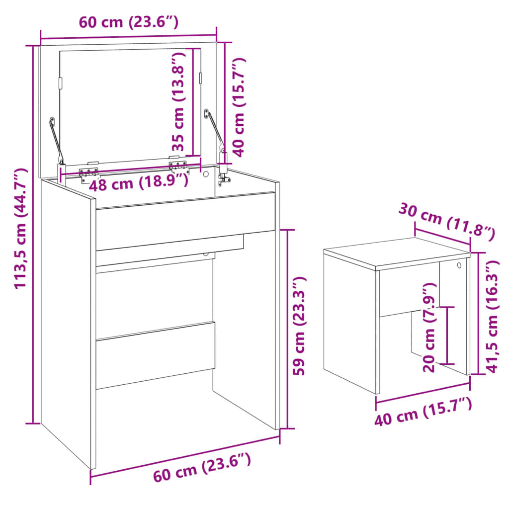 vidaXL Kosmetinis staliukas ir taburetė, baltos spalvos, 60x40x113,5cm