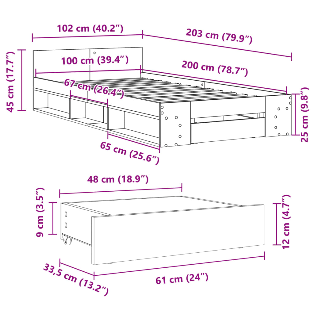 vidaXL Lovos rėmas su stalčiumi, pilkas ąžuolo, 100x200cm, mediena