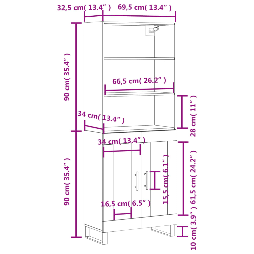 vidaXL Komoda, betono pilkos spalvos, 69,5x34x180cm, apdirbta mediena