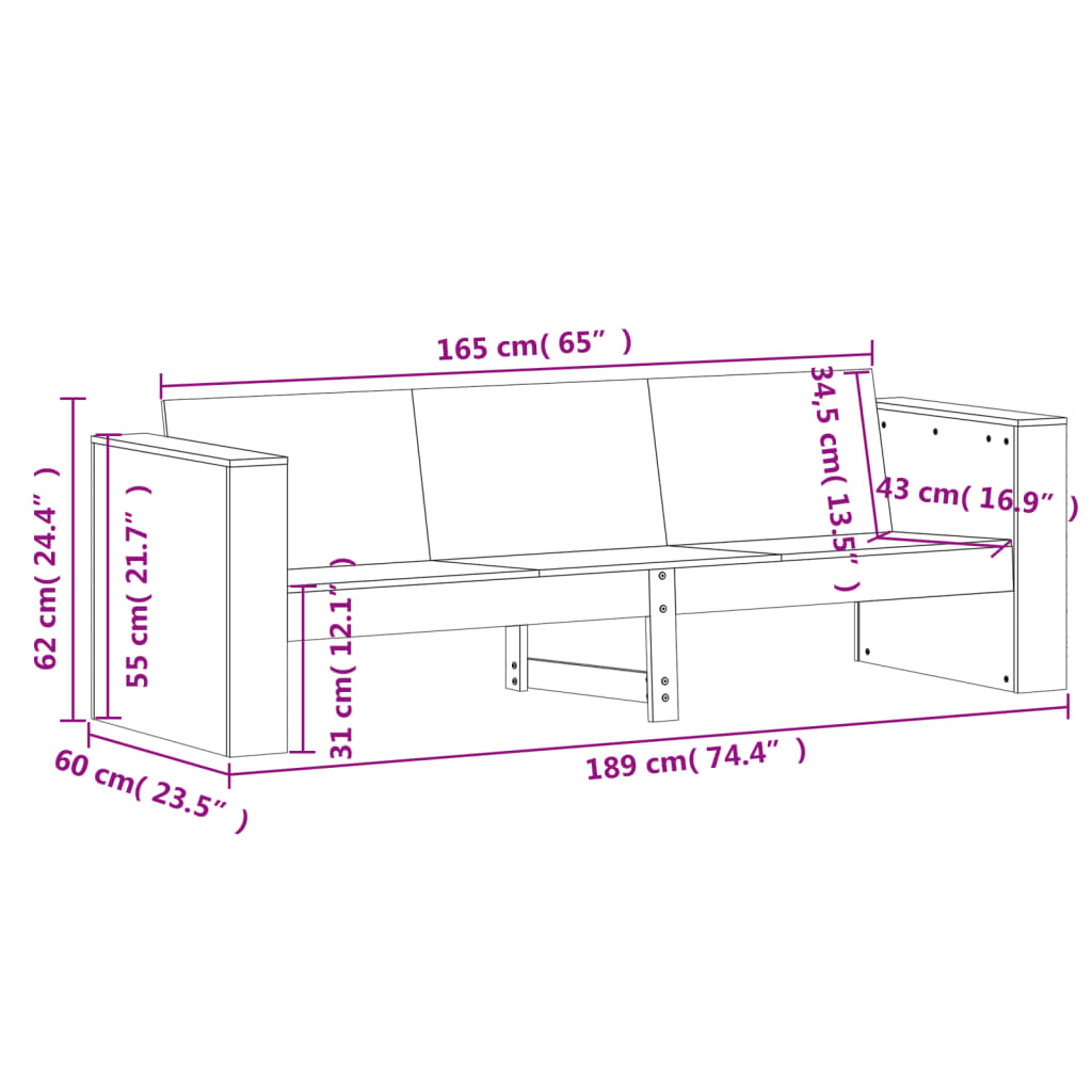 vidaXL Trivietė sodo sofa, 189x60x62cm, douglas eglės medienos masyvas