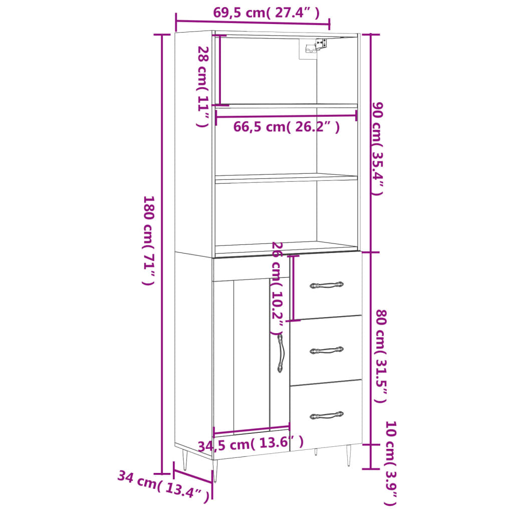 vidaXL Komoda, betono pilkos spalvos, 69,5x34x180cm, apdirbta mediena