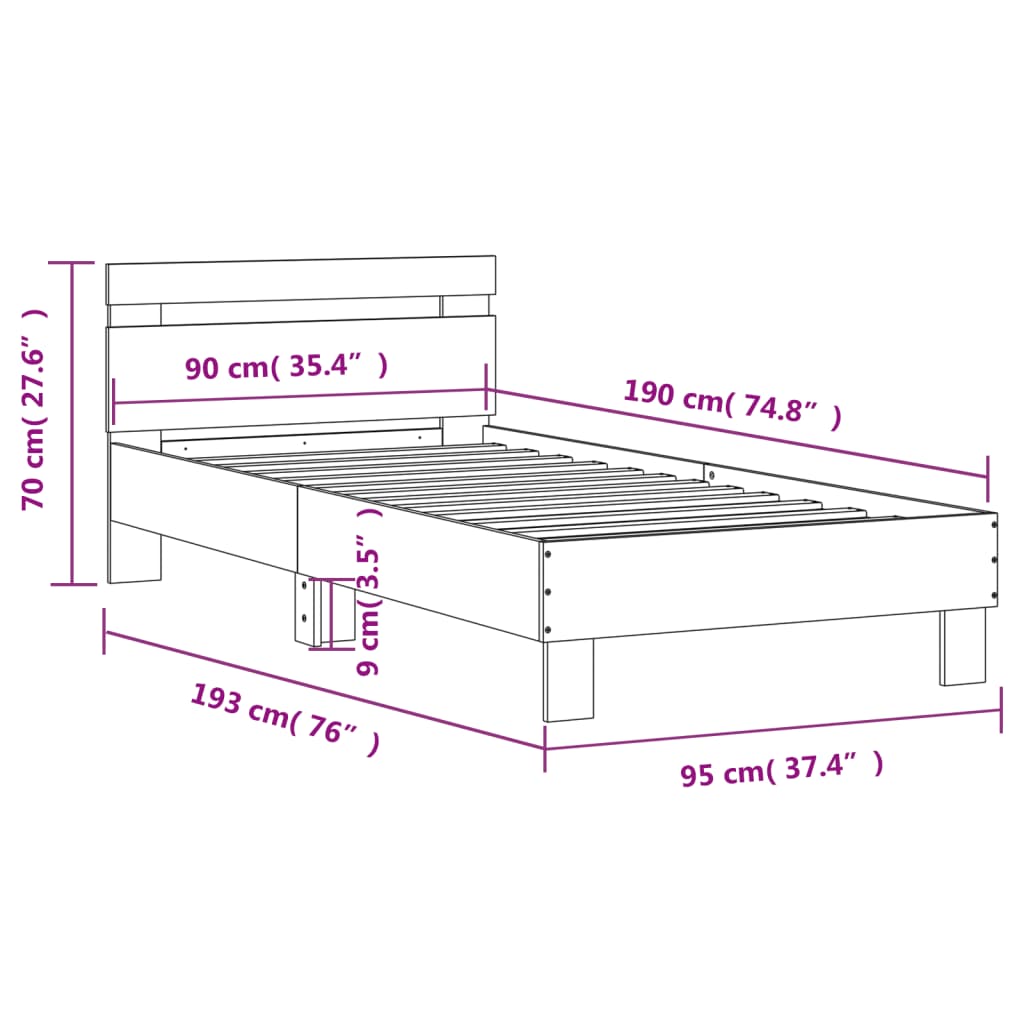 vidaXL Lovos rėmas su galvūgaliu ir LED lemputėmis, ąžuolo, 90x190cm