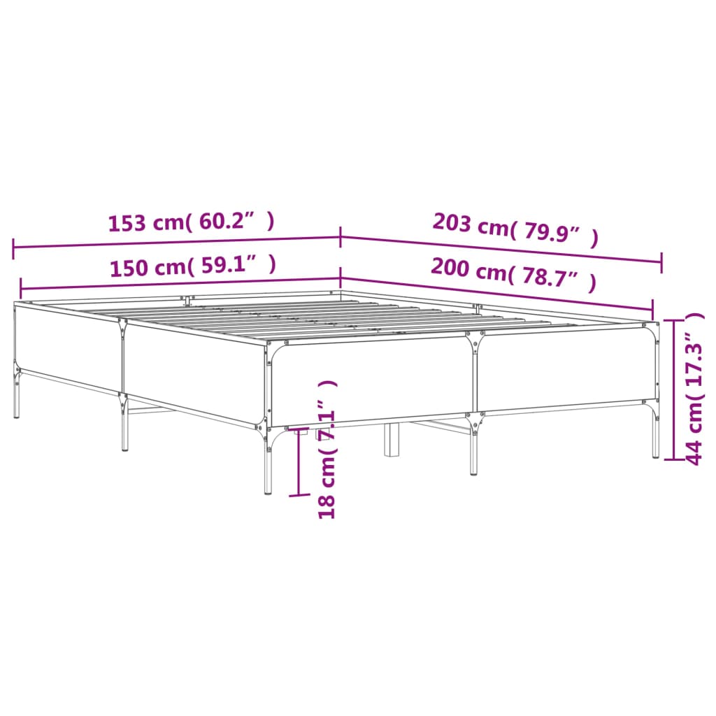 vidaXL Lovos rėmas, rudas ąžuolo, 150x200cm, apdirbta mediena/metalas